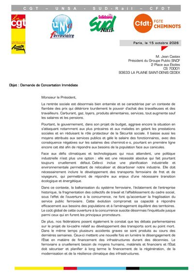 Aperçu du tract : Demande de concertation immédiate unitaire au président du groupe SNCF