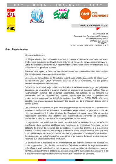Aperçu du tract : Préavis de grève unitaire du 4 novembre 2026 (19h) au 6 novembre 2026 (8h)