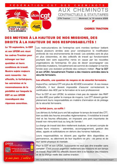 Aperçu du tract : Cadres Traction : des moyens à la hauteur de nos missions, des droits à la hauteur de nos responsabilités !