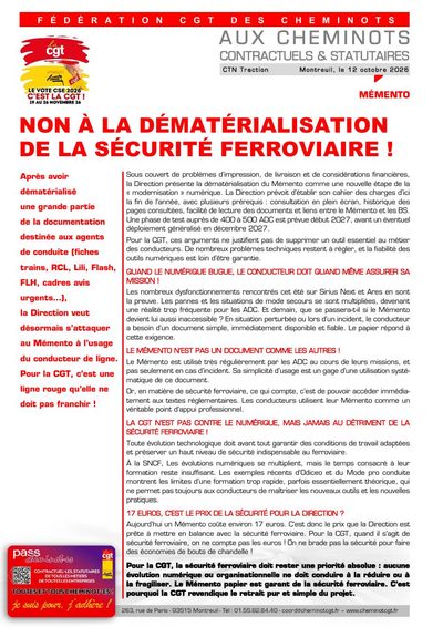 Aperçu du tract : Mémento : non à la dématérialisation de la sécurité ferroviaire !