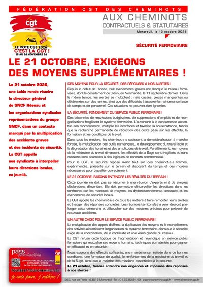 Aperçu du tract : Sécurité ferroviaire : le 21 octobre, exigeons des moyens supplémentaires !