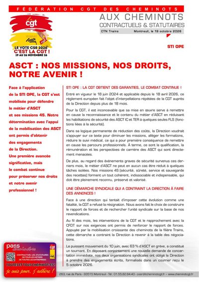 Aperçu du tract : STI OPE – ASCT : nos missions, nos droits, notre avenir ! La CGT obtient des garanties, le combat continue