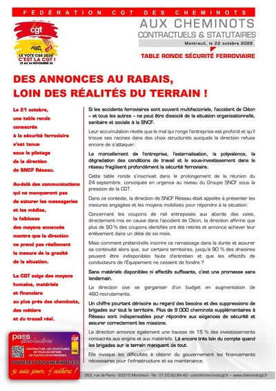 Aperçu du tract : Table ronde sécurité ferroviaire : des annonces au rabais, loin des réalités du terrain !