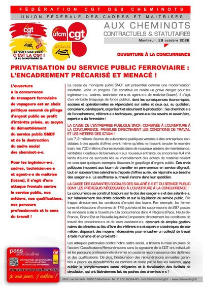 Aperçu du tract : Ouverture à la concurrence : privatisation du service public ferroviaire, l’encadrement précarisé et menacé !