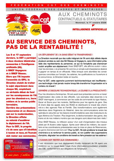 Aperçu du tract : Intelligence artificielle : au service des cheminots, pas de la rentabilité !