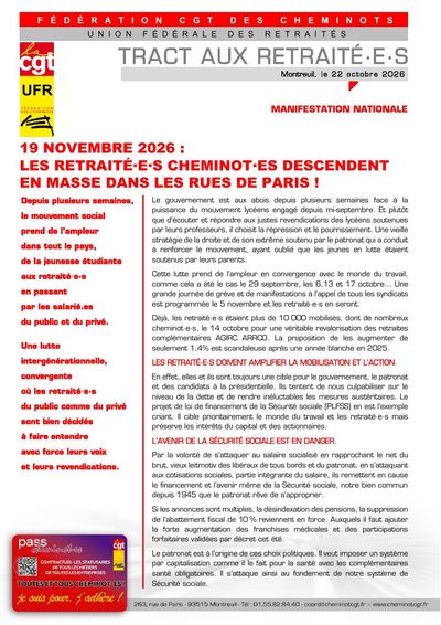 Aperçu du tract : 19 novembre 2026 : les retraité·e·s cheminot·es descendent en masse dans les rues de Paris !