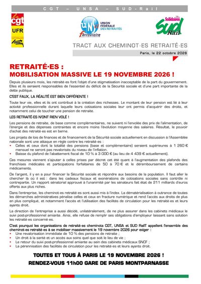 Aperçu du tract : Retraité·es : mobilisation massive le 19 novembre 2026 !