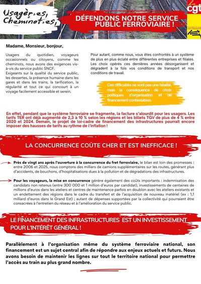 Aperçu du tract : Usager·es, cheminot·es : défendons notre service public ferroviaire !