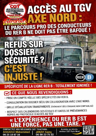 Aperçu du tract : Accès au TGV Axe Nord : le parcours pro des conducteurs du RER B ne doit pas être bafoué !