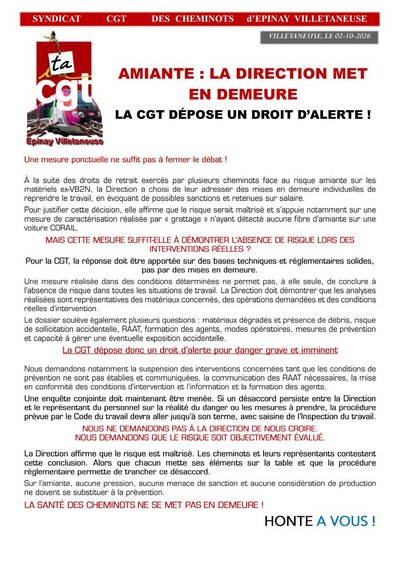 Aperçu du tract : Amiante : la direction met en demeure, la CGT dépose un droit d'alerte !