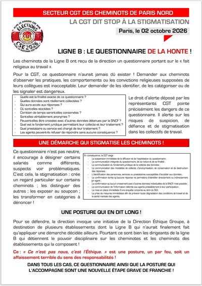 Aperçu du tract : Ligne B : le questionnaire de la honte !