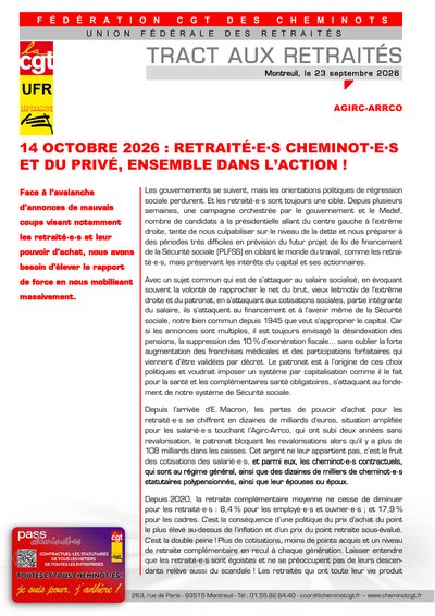Aperçu du tract : 14 octobre : retraité·e·s cheminot·e·s et du privé, ensemble dans l'action !